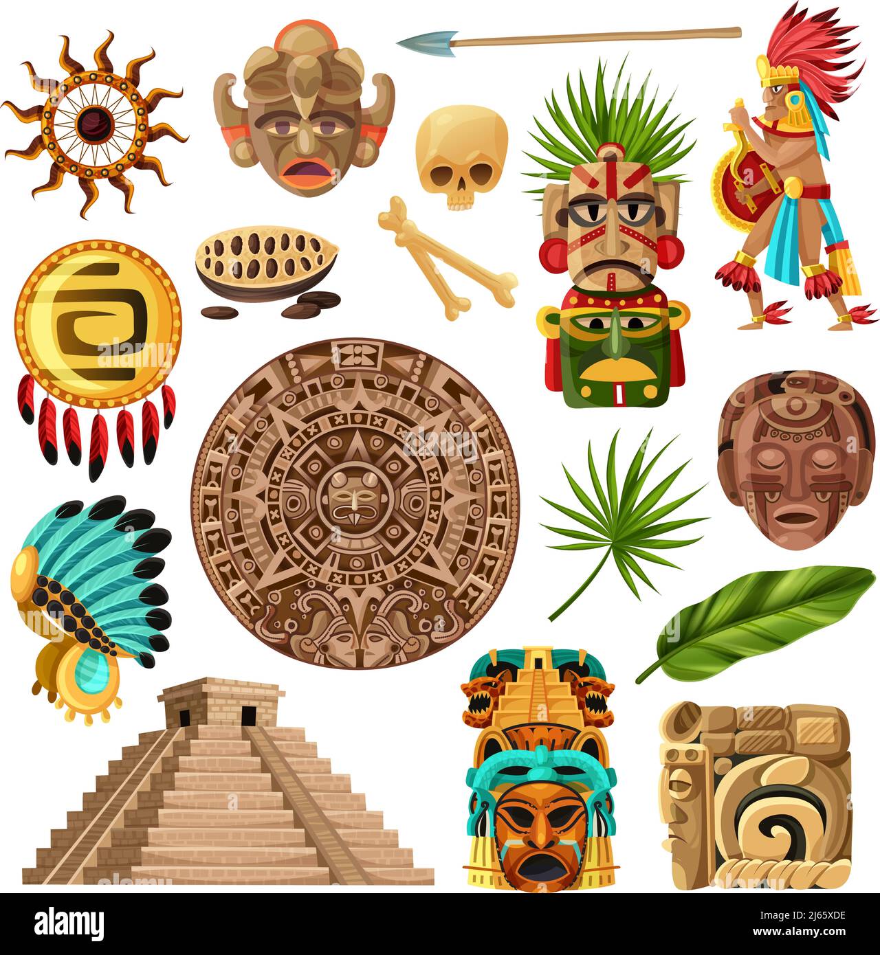 Colorate icone decorative messicane et con simboli di tradizione cultura maya storia e religione isolato cartoon vettore illustrazione Illustrazione Vettoriale