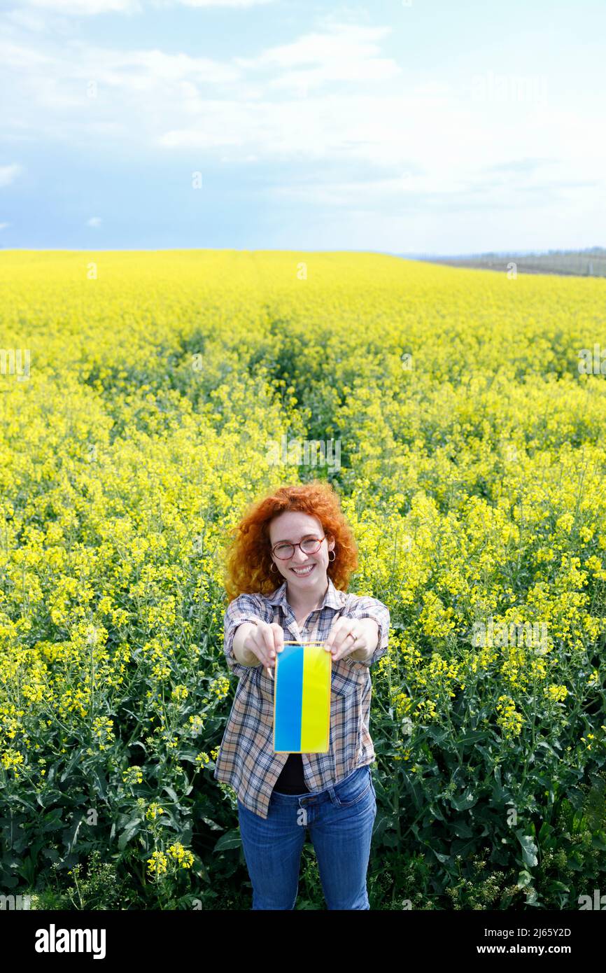 Una donna che tiene fuori una piccola bandiera Ucraina in un campo di fiori gialli Foto Stock