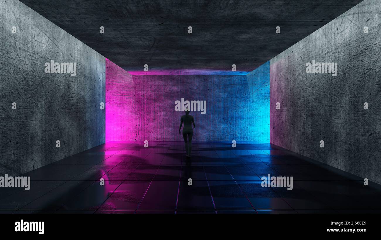 Sfondo Cyber SciFi scuro con luci al neon di notte in un vicolo o in un  garage (illustrazione 3D Foto stock - Alamy