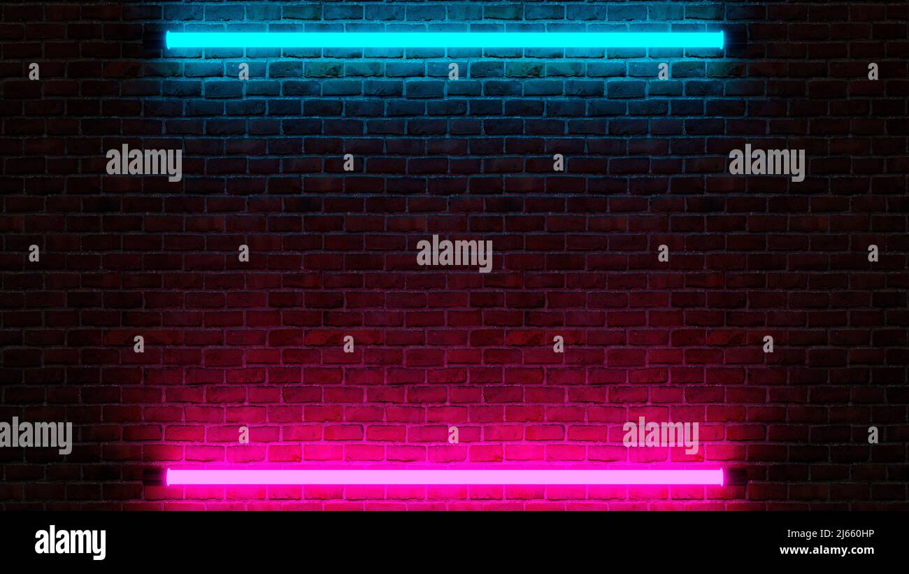 Neon Club moderno futuristico viola e blu illuminato spazio vuoto Old Grunge Stone Briced parete dettagliata in Camera sfondo 3D illustrazione Foto Stock