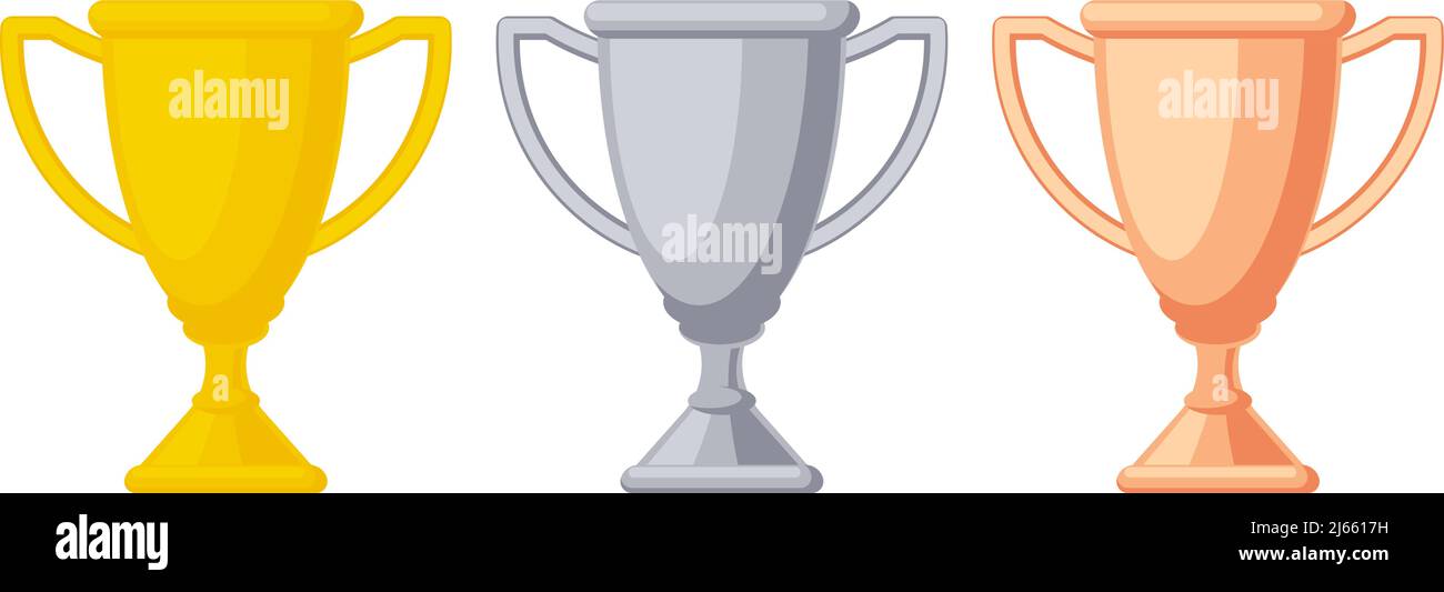 Tre coppe premio, oro, argento, bronzo. Premio per il primo, il secondo e il terzo posto del concorso. Illustrazione vettoriale, disegno a colori cartoon piatto, è Illustrazione Vettoriale