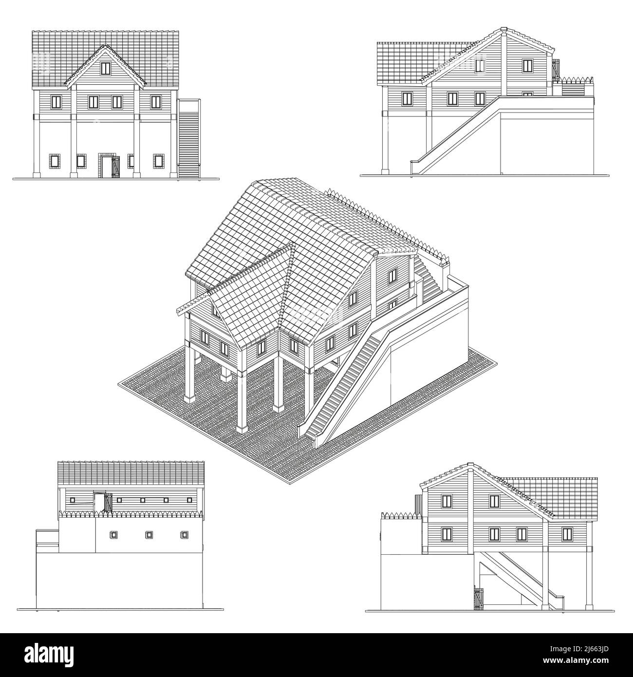 Set con contorni di case dettagliate da linee nere isolate su sfondo bianco. Vista da tutti i lati dell'edificio, isometrica. 3D. Vettore illus Illustrazione Vettoriale