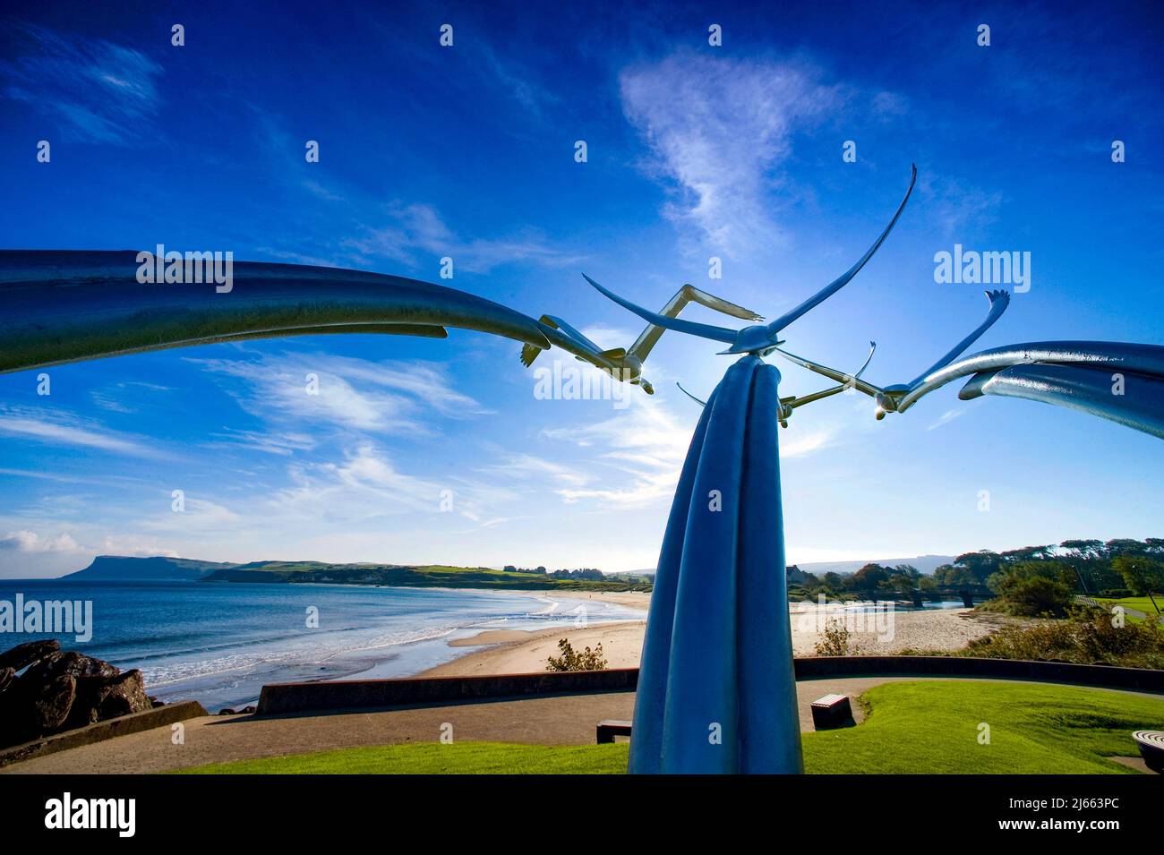 Salto della fede, quattro cigni scultura, Ballycastle, costa Nord, Irlanda del Nord Foto Stock