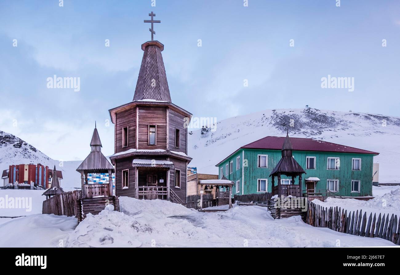 Russisch-ortodoxe Kirche a Barentsburg, Spitzbergen. Foto Stock