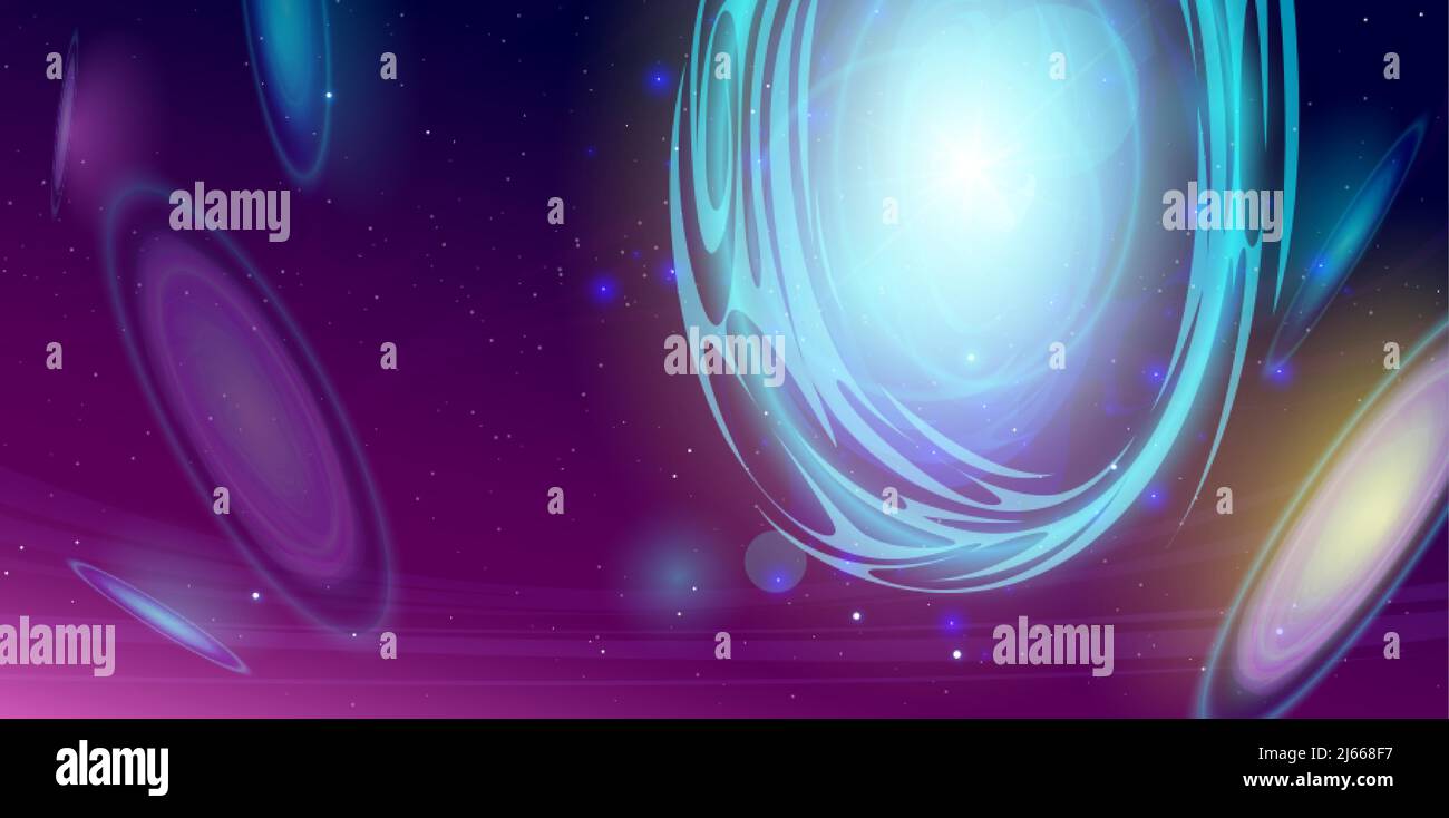 Portali spaziali nell'Universo, tunnel di galassia o imbuti di buco nero per viaggiare attraverso il tempo con milioni di stelle e nebulose intorno. Vortice di fantascienza Illustrazione Vettoriale