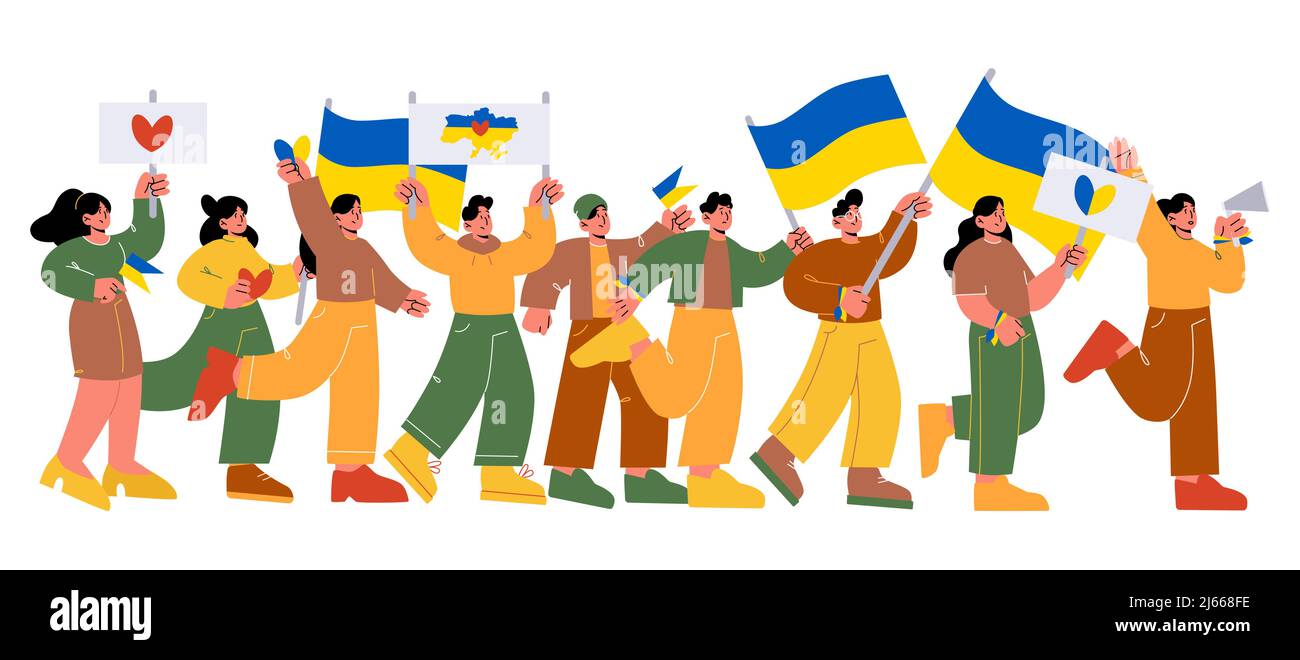 La gente protesta contro la guerra in Ucraina per manifestazione. Illustrazione piatta vettoriale di una folla di attivisti con bandiere ucraine e megafono su dimostrante Illustrazione Vettoriale