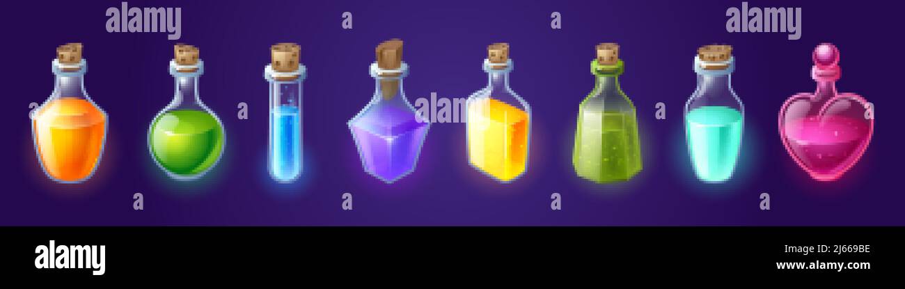 Bottiglie in pozione con elisir magico, fiasche in vetro cartoon con liquido incandescente colorato e tappi in legno di corkwood. Strega veleno gui o ui risorse di gioco, alchimista Illustrazione Vettoriale