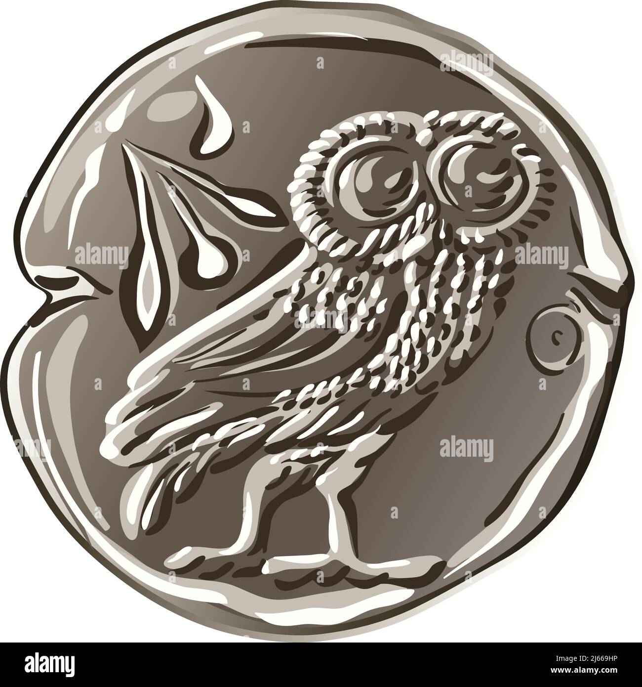 Antica dracma greca denaro moneta d'argento con l'immagine del gufo e oliva Illustrazione Vettoriale