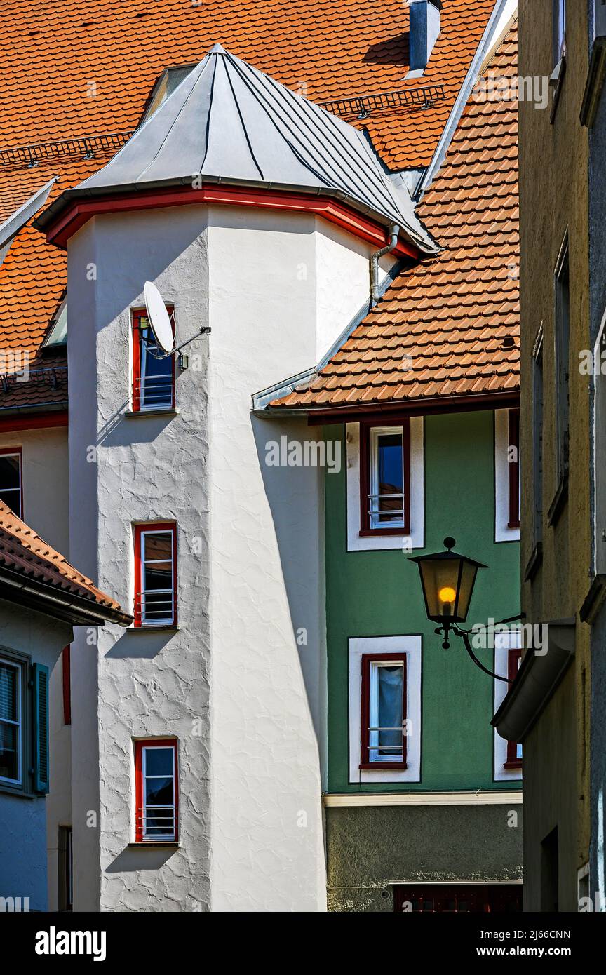 Erkertuermchen und Laterne, Leutkirch, Allgaeu, Baden-Wuerttemberg, Germania Foto Stock