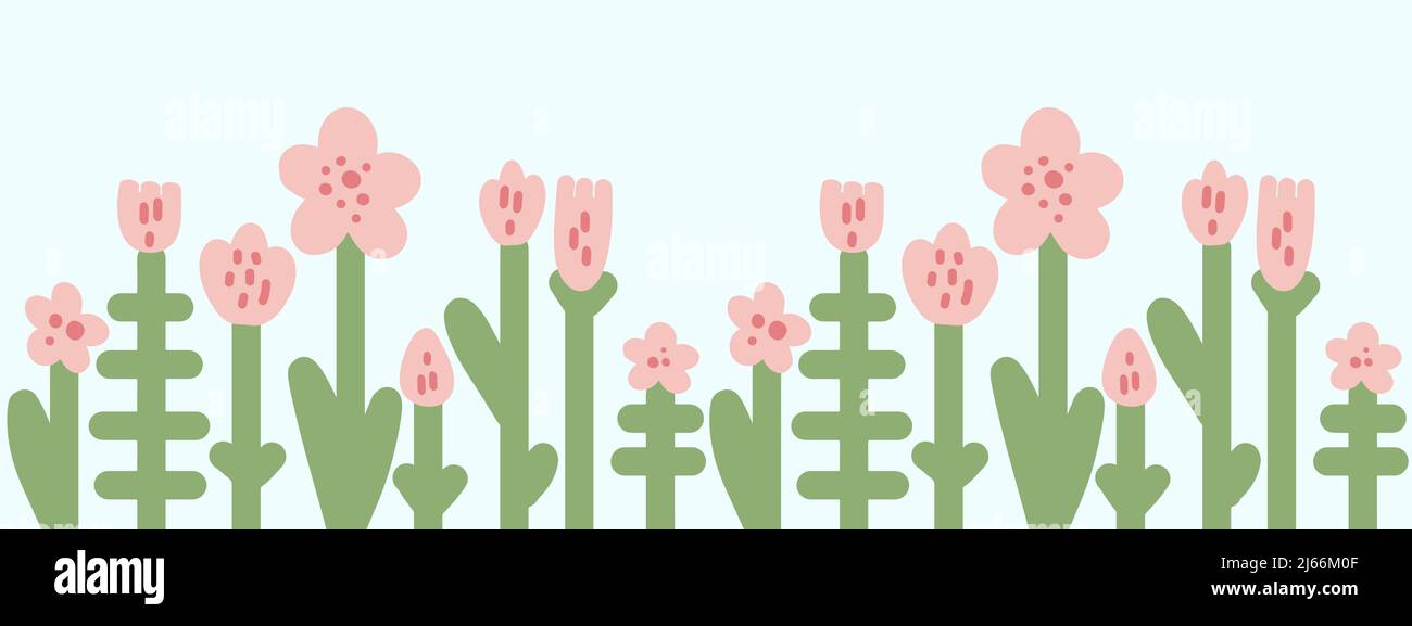 fiori e foglie di bambino ingenui, contorno senza cuciture in stile minimalista e alla moda. Illustrazione Vettoriale