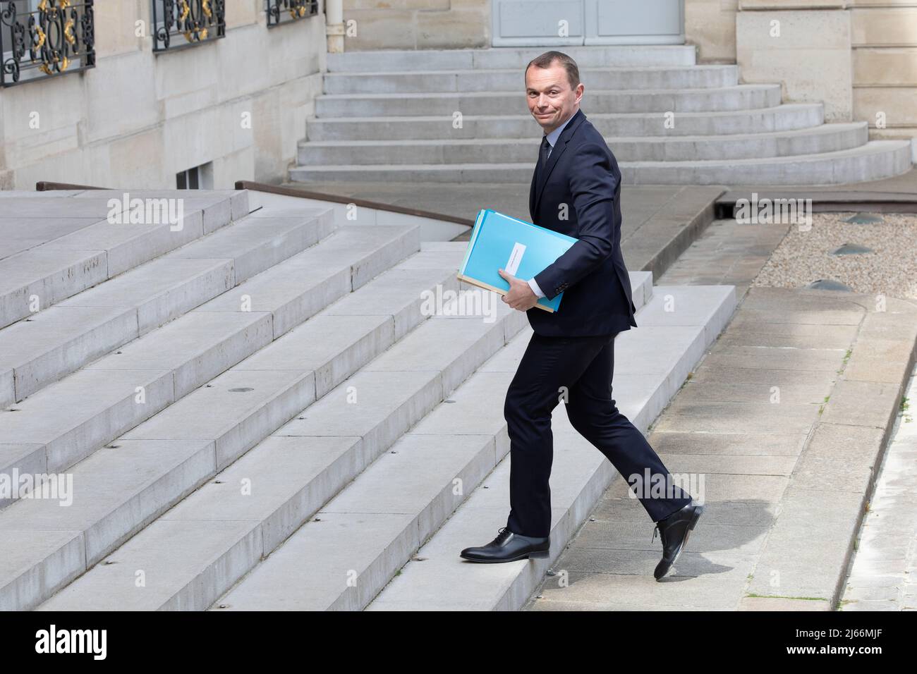 Parigi, Francia. 28th Apr 2022. Parigi, Francia, il 28 aprile 2022, Olivier Dussopt, Ministro dei conti pubblici, Francois Loock/Alamy Credit: Loock francis/Alamy Live News Foto Stock