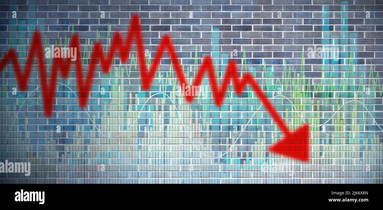 Recessione macroeconomia ed economia concetto con indicatori negativi di crescita economica come un grafico del mercato azionario crisi finanziaria con un dipinto. Foto Stock