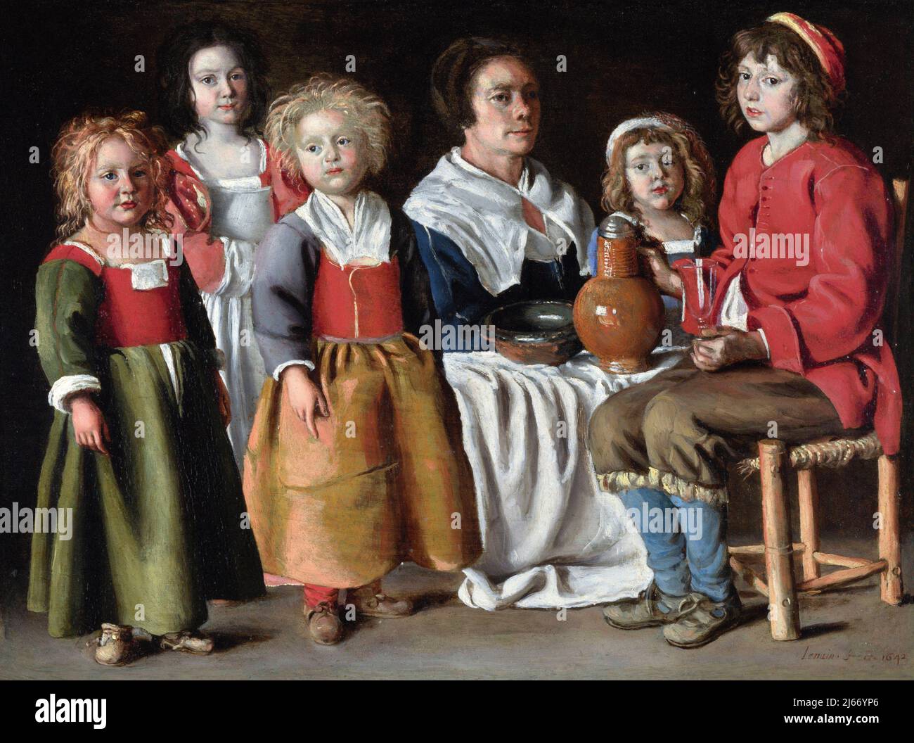 Una donna e cinque figli dei fratelli le Nain, olio su rame, 1642 Foto Stock