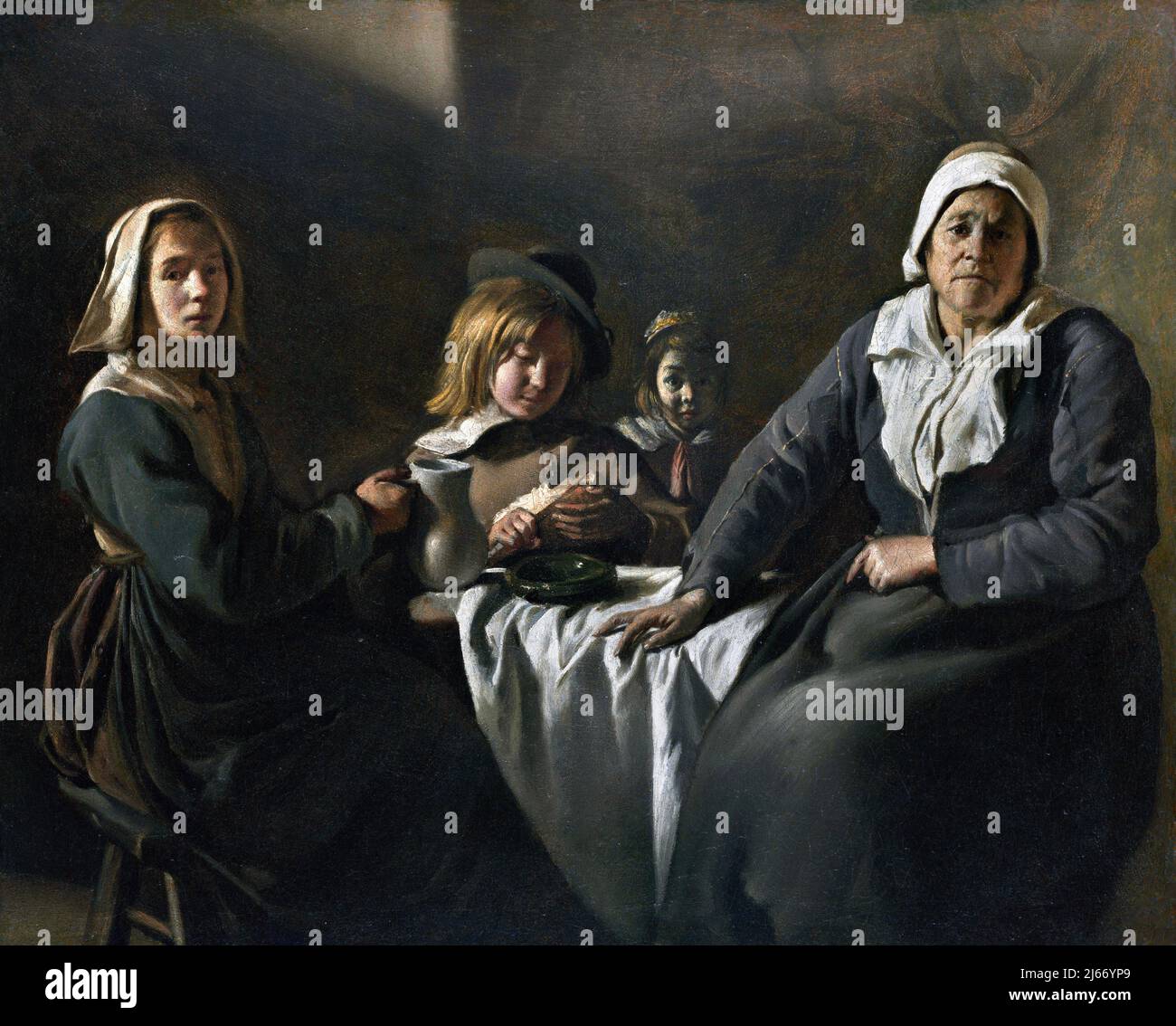 Quattro figure a tavola dei fratelli le Nain, olio su tela, c. 1643 Foto Stock