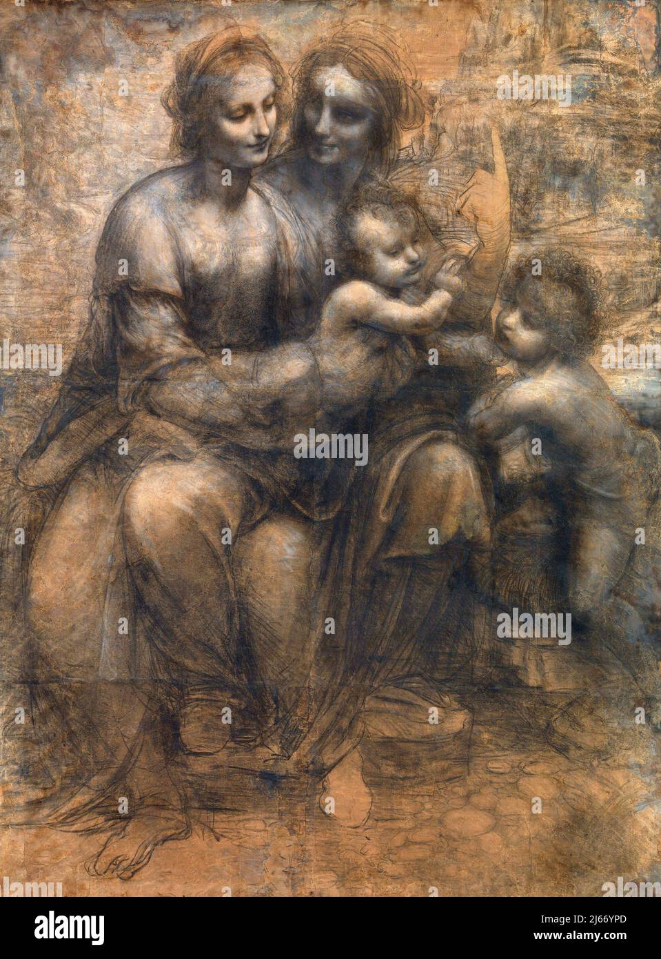 The Burlington House Cartoon di Leonardo da Vinci (1452–1519), carbone aumentato con gesso bianco su carta montata su tela, c.. 1499/1500 Foto Stock