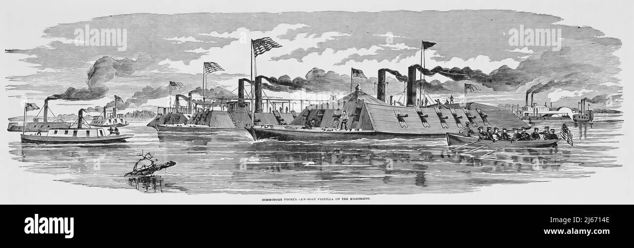 Commodore Andrew Hull Foote's Gun-Boat Flotilla sul fiume Mississippi, 1862, nella guerra civile americana. illustrazione del 19th secolo Foto Stock