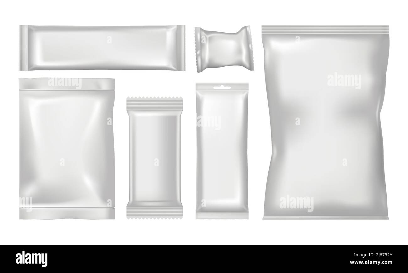 Set di pacchetti di prodotti vuoti su sfondo bianco, immagine vettoriale realistica in primo piano Illustrazione Vettoriale