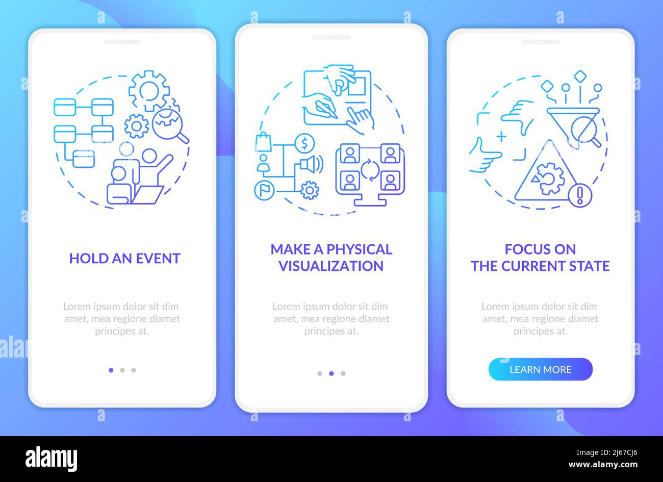 Schermata dell'app mobile di onboarding con gradiente blu per la mappatura del flusso di valore Illustrazione Vettoriale