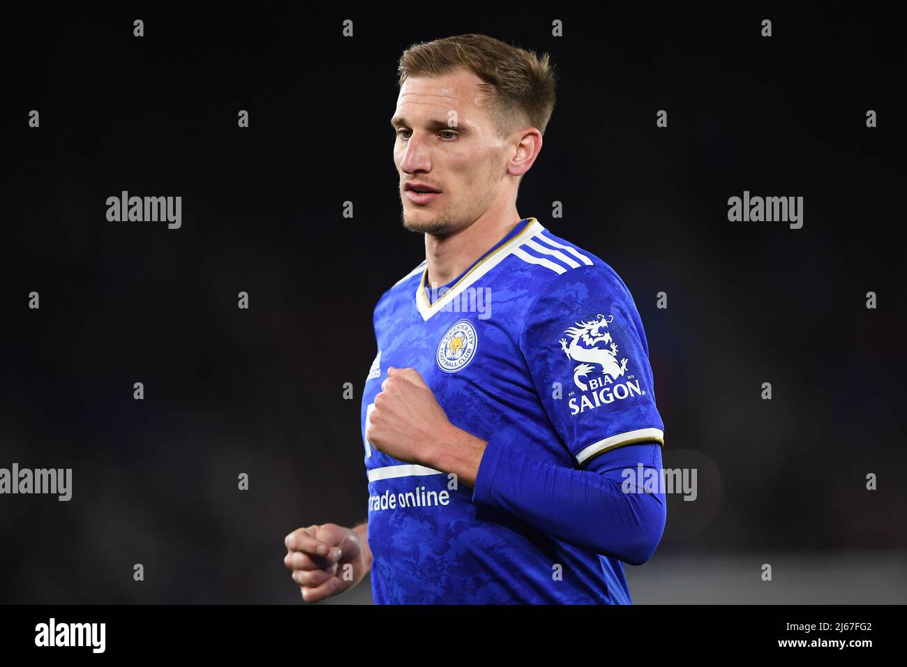 LEICESTER, REGNO UNITO. APR 28th Marc Albrighton di Leicester City durante la semifinale 1st della UEFA Europa Conference League tra Leicester City e AS Roma al King Power Stadium di Leicester giovedì 28th aprile 2022. (Credit: Jon Hobley | MI News) Foto Stock