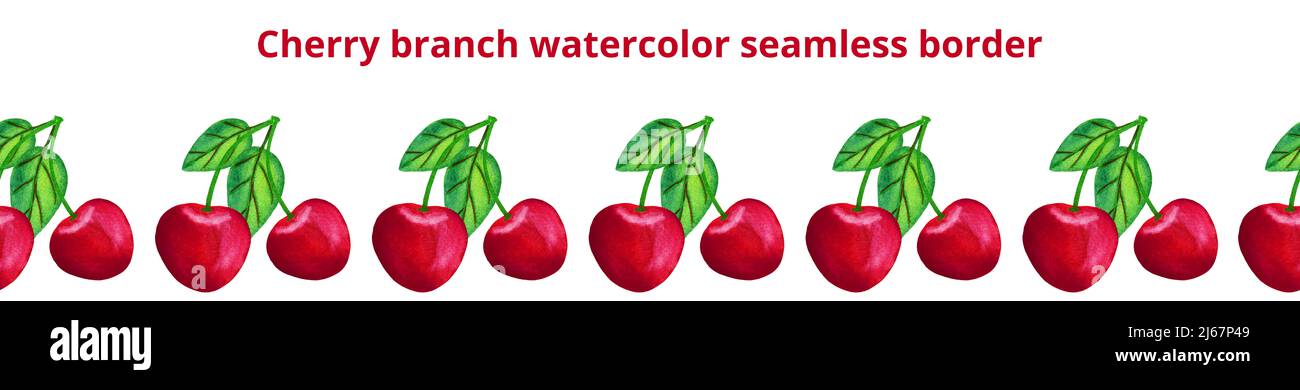 Bordo senza cuciture in ciliegio, facile da modificare su sfondo bianco. Illustrazione della raccolta della bacca rossa del giardino per la cartolina, il banner, il poster, il disegno della stampa, fr Foto Stock
