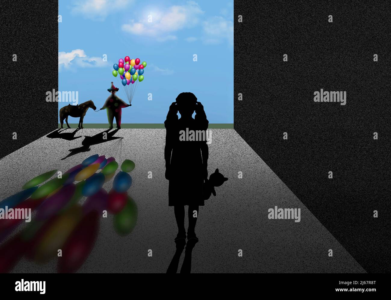 Un uomo pagliaccio creepy con palloncini e un pony è solo con una bambina e il suo orsacchiotto in un'illustrazione di 3-d. Foto Stock