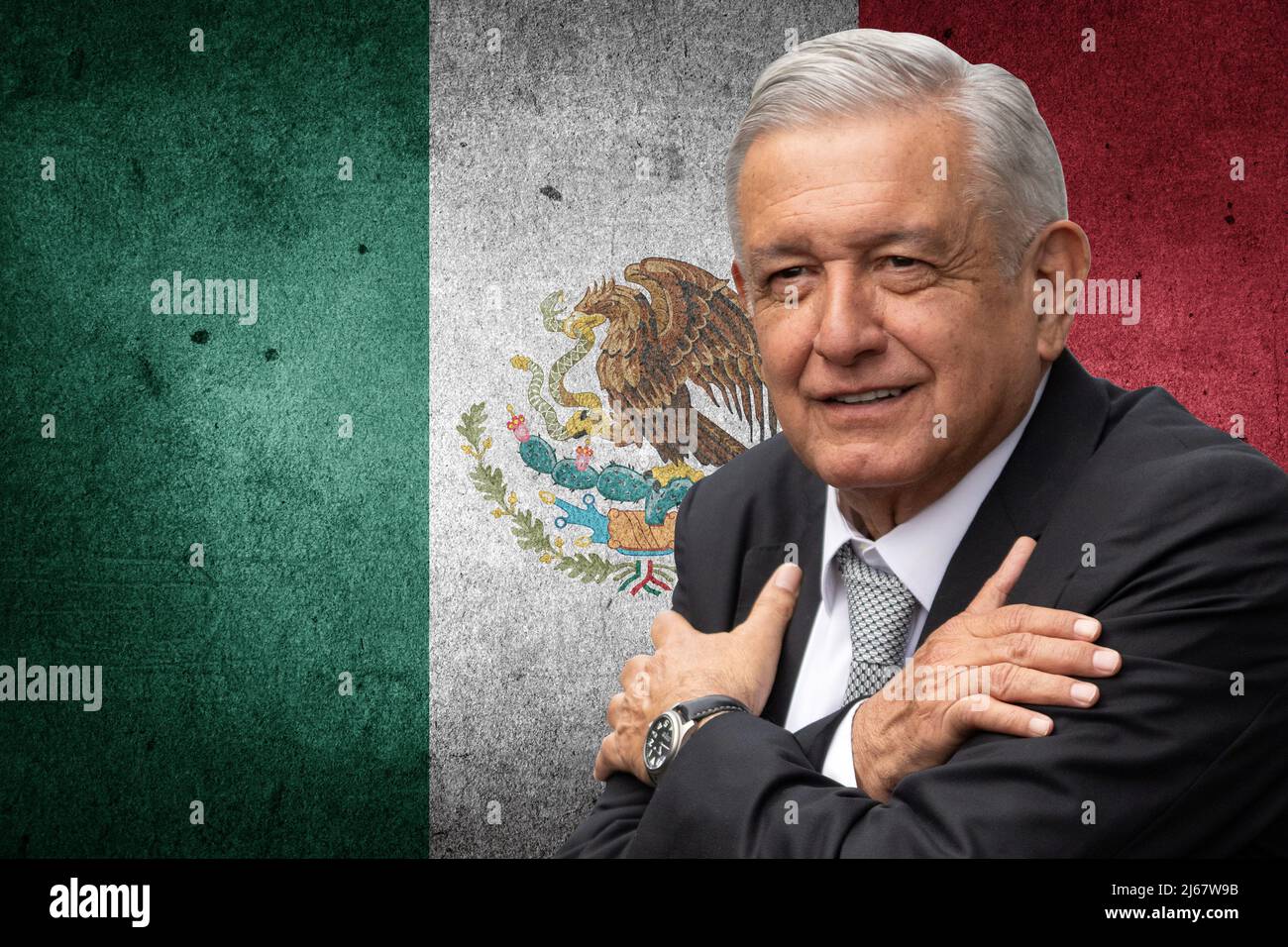 Andrés Manuel López Obrador (AMLO) e bandiera del Messico Foto Stock