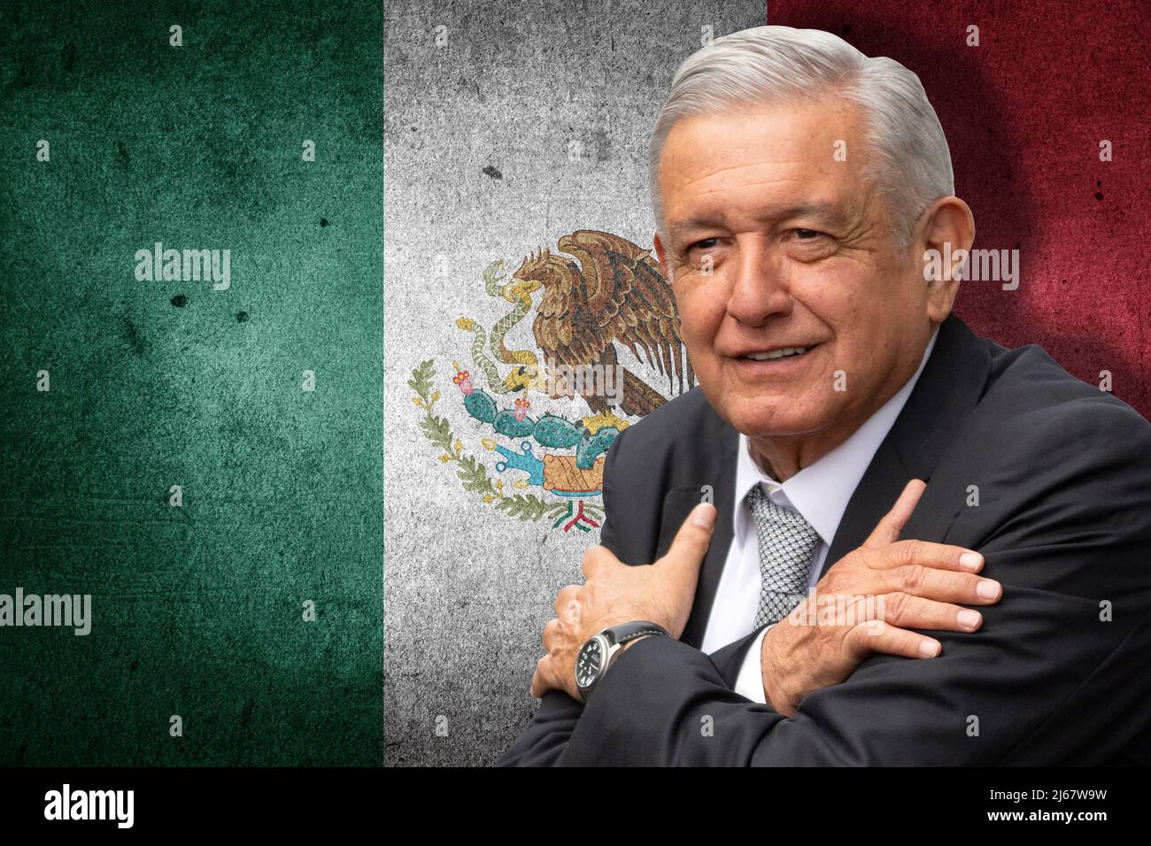 Andrés Manuel López Obrador (AMLO) e bandiera del Messico Foto Stock