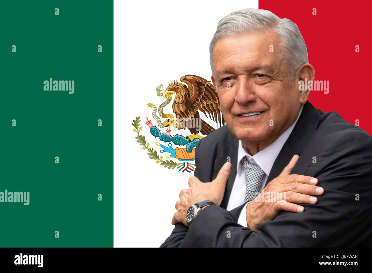 Andrés Manuel López Obrador (AMLO) e bandiera del Messico Foto Stock