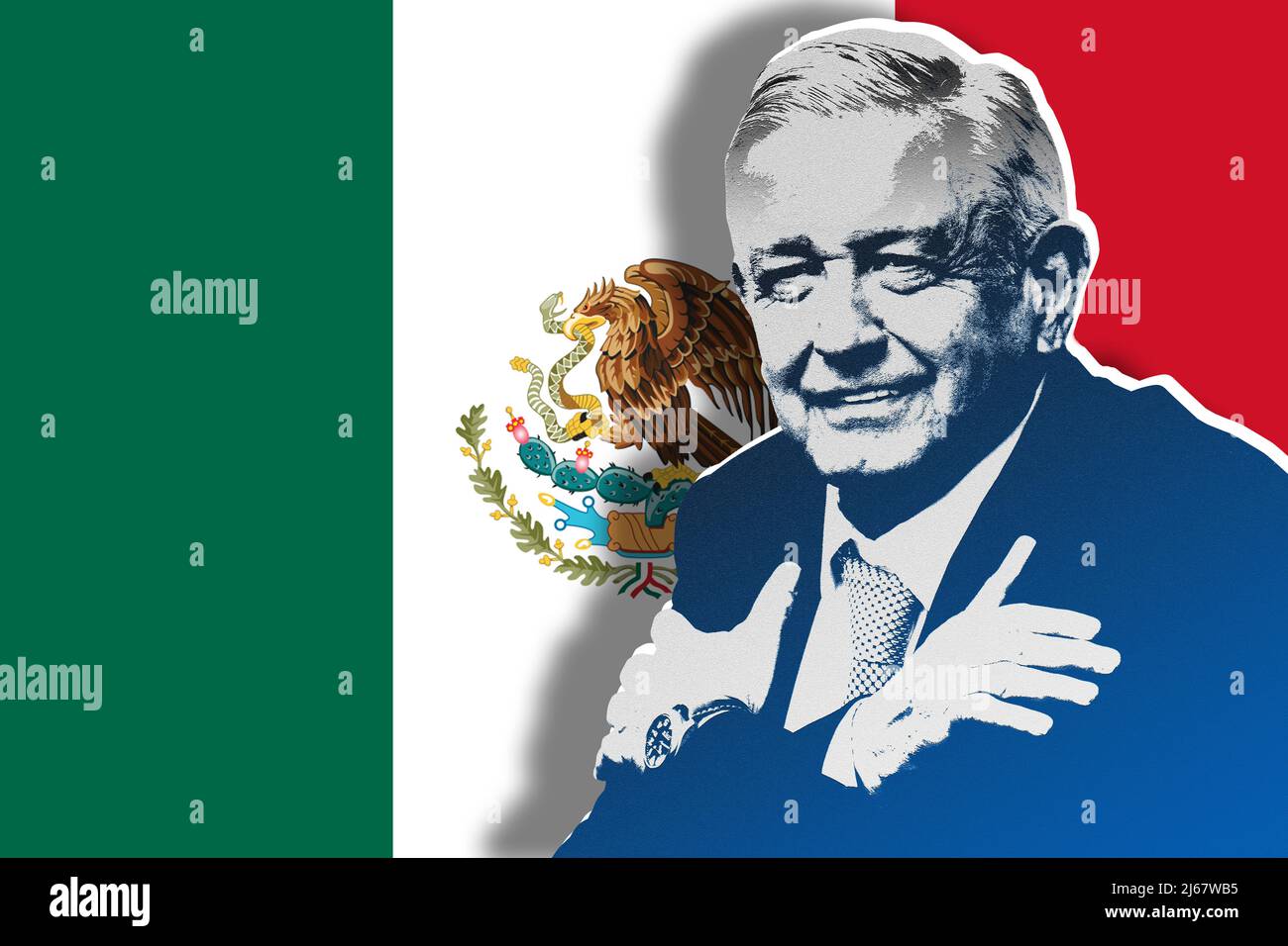 Andrés Manuel López Obrador (AMLO) e bandiera del Messico Foto Stock