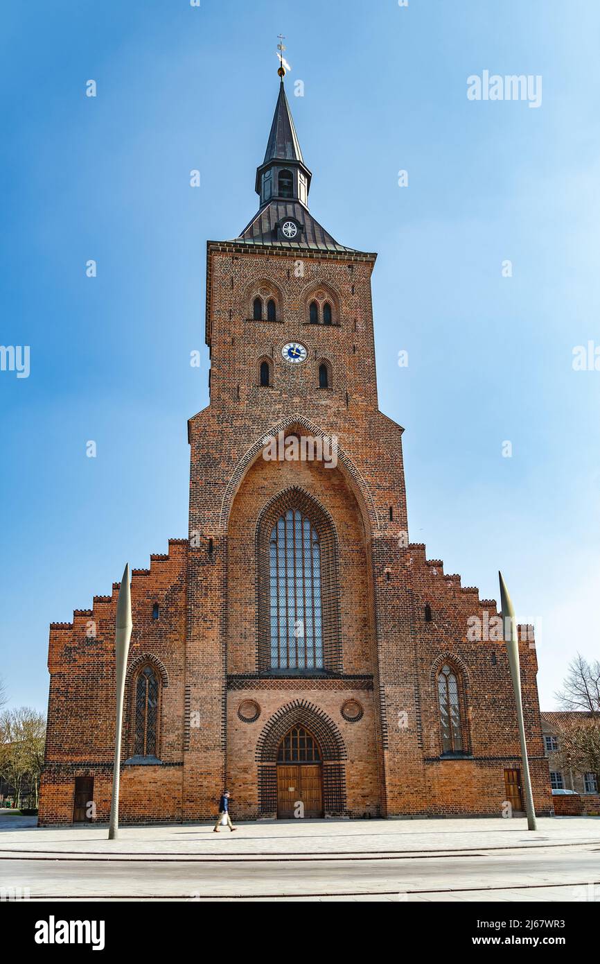 Facciata del Duomo di San Canuto. Chiesa gotica in mattoni risalente al 11th secolo, che prende il nome da un re danese. Odense, Funen (Fyn), Danimarca Foto Stock