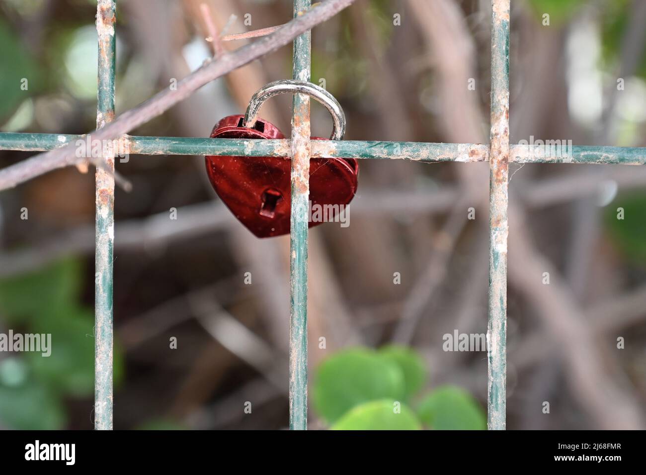 Un lucchetto rosso a forma di cuore lucido, bloccato intorno a una recinzione di filo, con la vista del foro della chiave dal lato inferiore della serratura Foto Stock