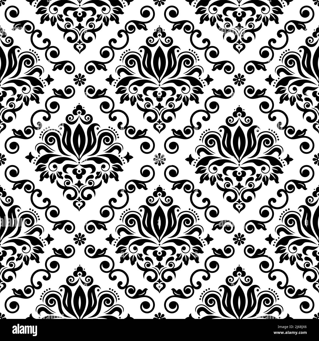 Carta da parati classica Damasco o motivo di stampa in tessuto, retro tessuto vettoriale design, Royal elegante decor è nero su sfondo bianco Illustrazione Vettoriale