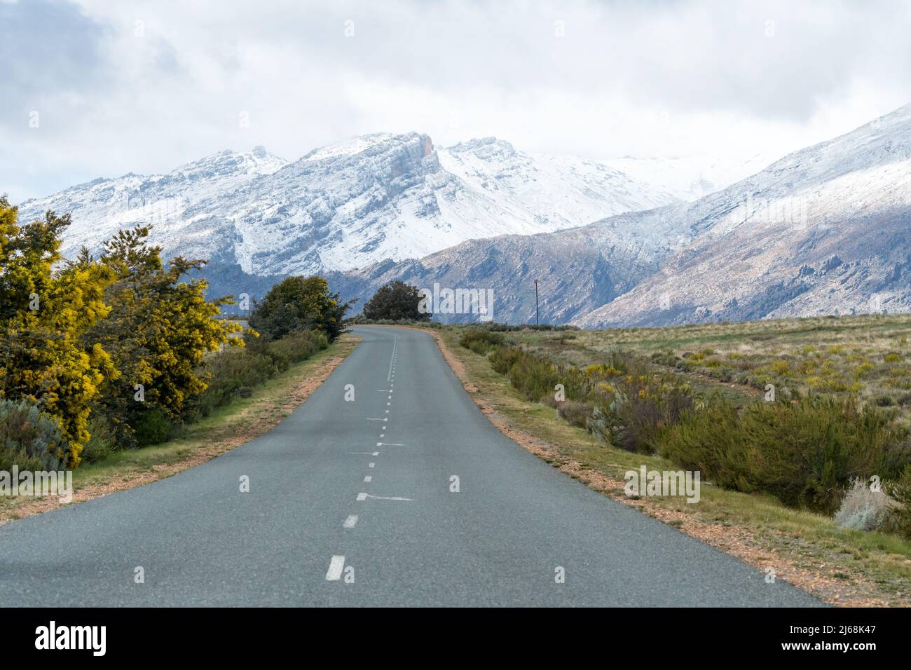 Asfalto o asfaltata strada senza fine che porta verso il paesaggio di montagne innevate a Ceres, Capo Occidentale, Sud Africa durante l'inverno Foto Stock