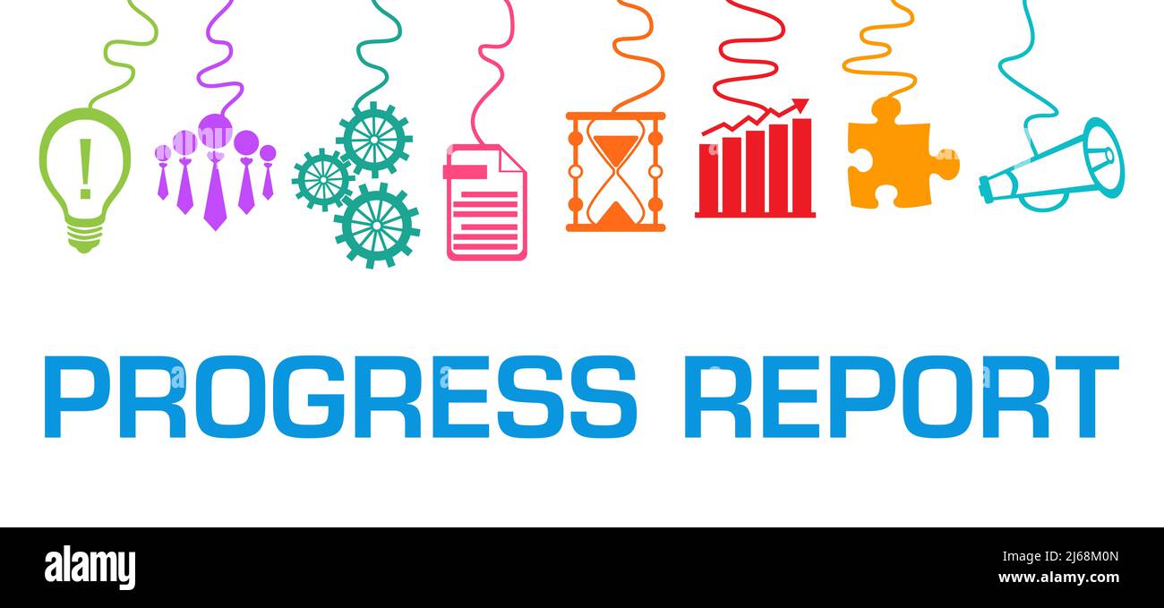 Report dei progressi colorati simboli aziendali visualizzazione dal testo principale Foto Stock