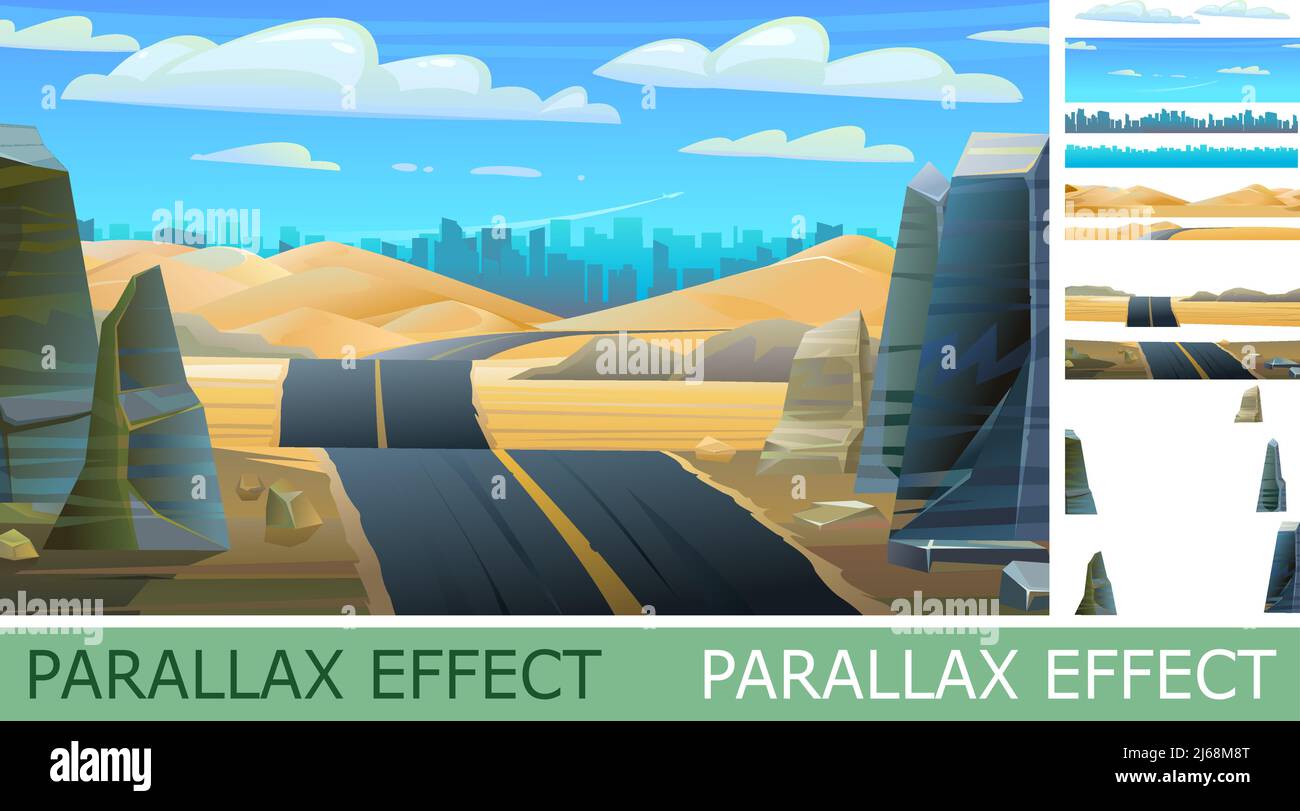 Strada desertica con effetto parallasse. Grande città blu in lontananza all'orizzonte. Paesaggio della campagna meridionale. Grandi dune e colline. Verso la metropoli. S Illustrazione Vettoriale