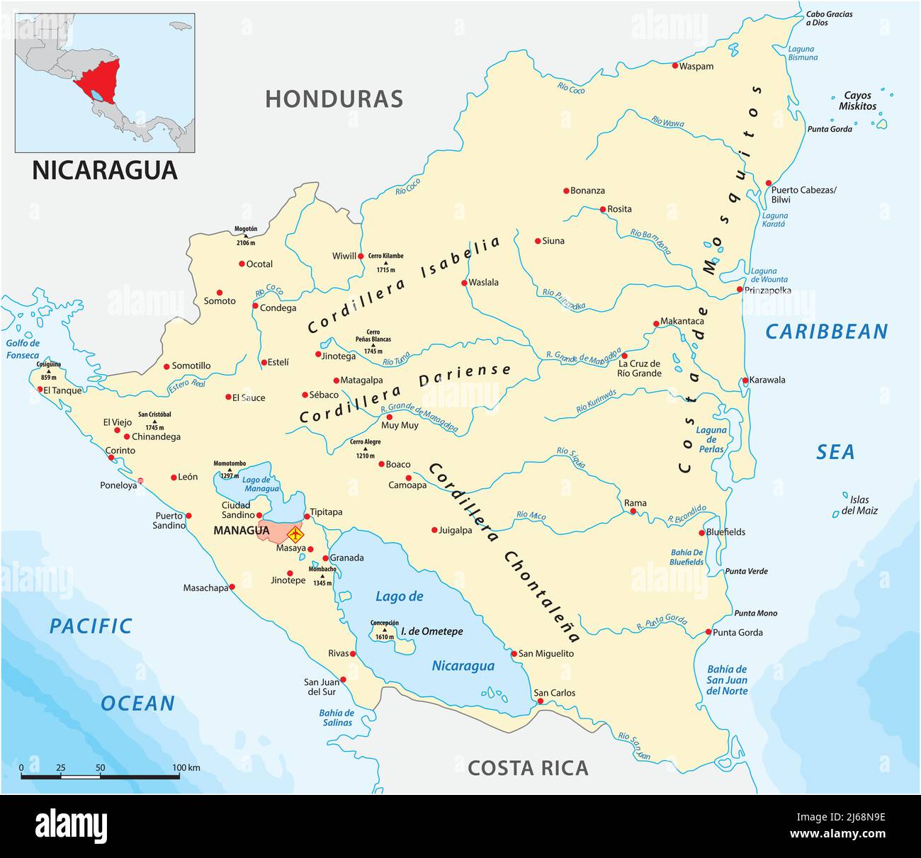 Mappa vettoriale dello stato centroamericano del Nicaragua Illustrazione Vettoriale