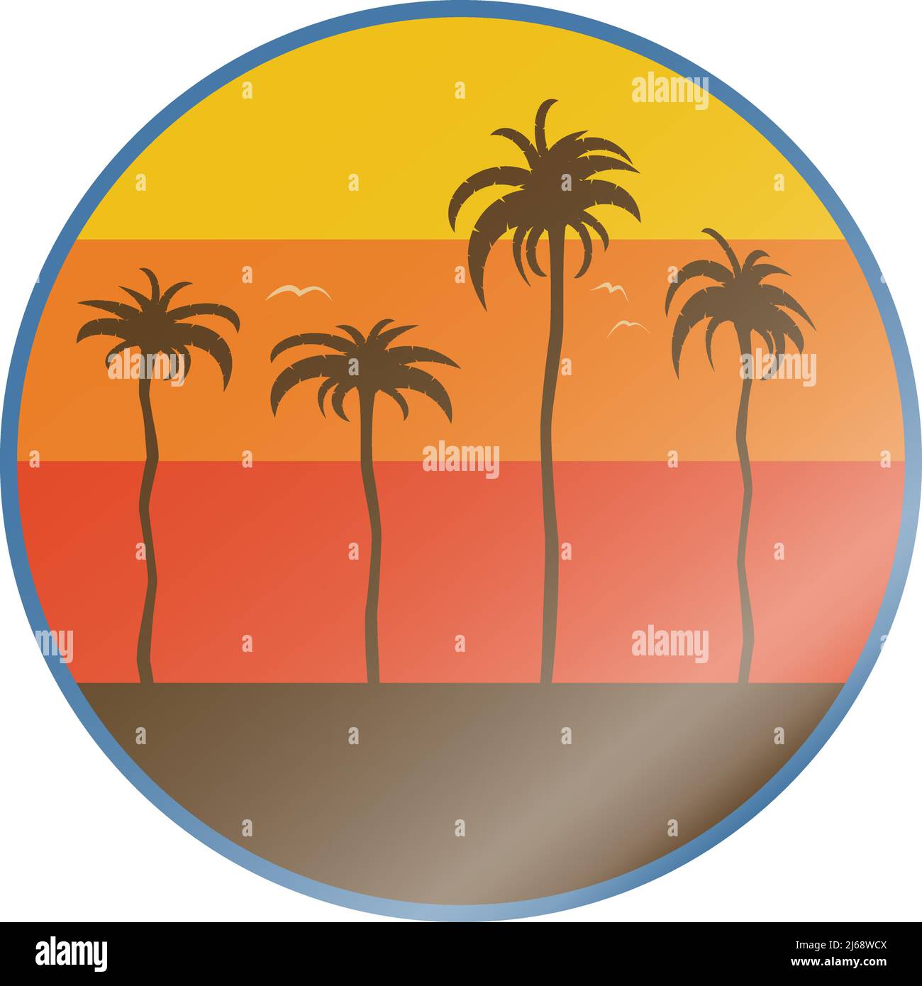 adesivo lucido rotondo retro tramonto spiaggia con palme, illustrazione vettoriale Illustrazione Vettoriale