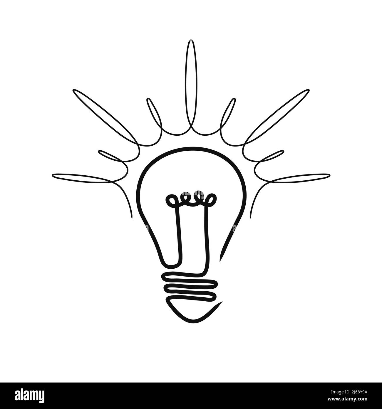 di una linea continua di lampade ad incandescenza. Un'immagine lineare di una lampadina per un'idea di business, un brainstorming o un concetto di elettricità. Un disegno semplice a mano Foto Stock