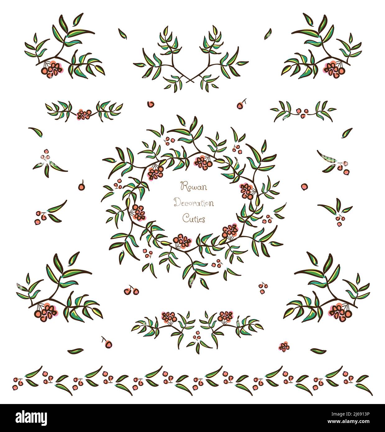 Set vettoriale di rametti di alberi carini elementi decorativi, bordi e vignette in frutti di bosco di rowan e foglie per carte e design Illustrazione Vettoriale
