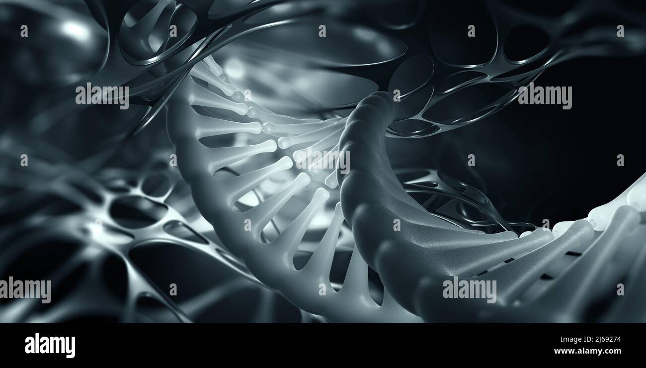 Elica del DNA. Ricerca scientifica. Decodifica del genoma e innovazione medica. 3D illustrazione di una molecola di DNA al microscopio Foto Stock