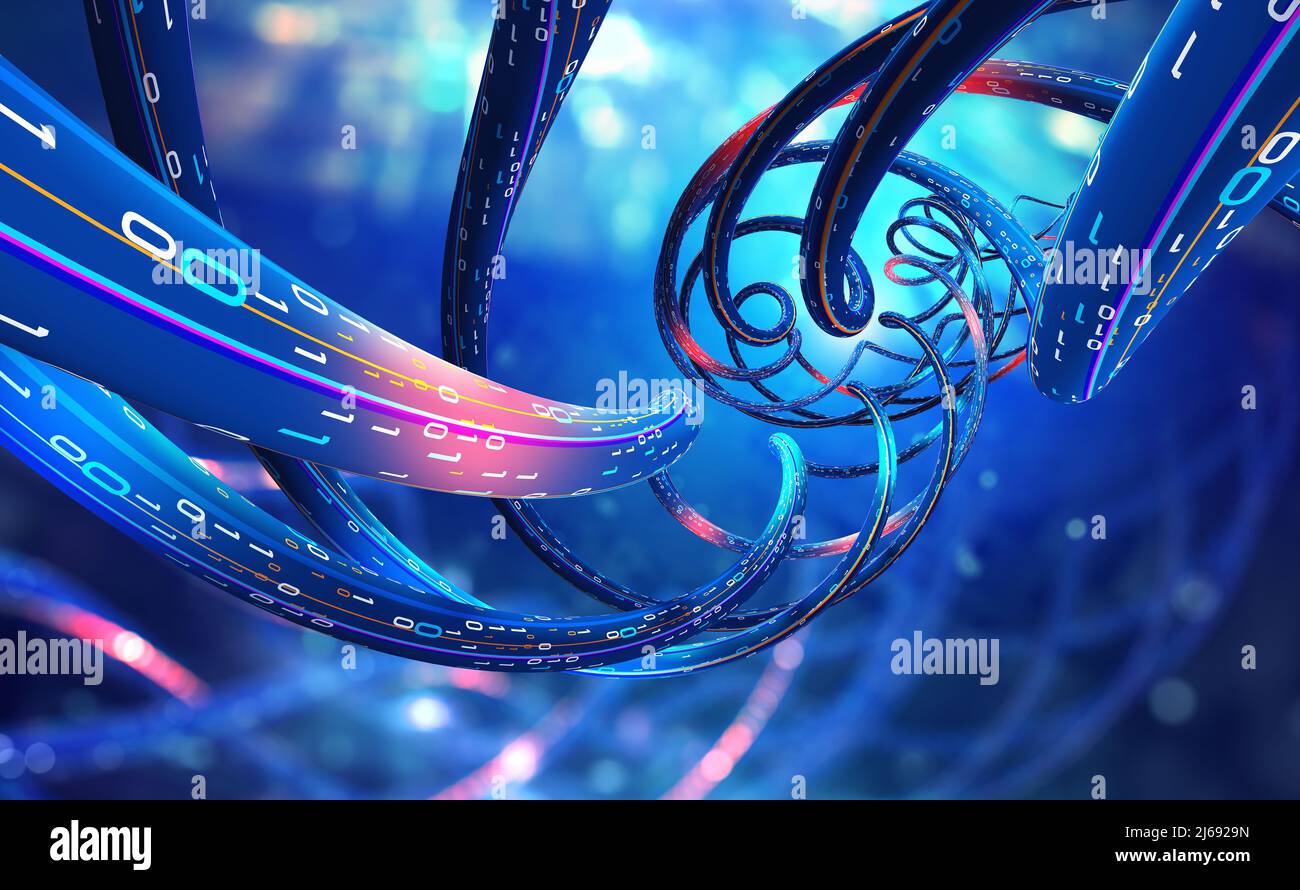 Illustrazione di Cyber Structure 3D. Ricerca medica del nano spazio e scoperte futuristiche. Codice DNA in dimensione digitale. Flussi di dati vortex Foto Stock