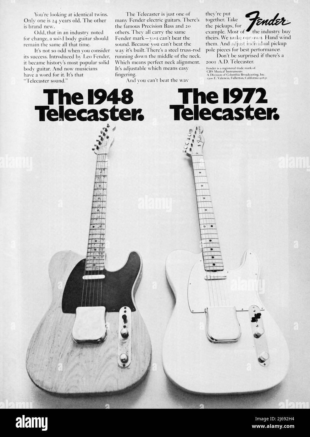 Un annuncio per le chitarre a corpo solido Fender Telecaster del 1972. Stanno glosando che 24 anni dopo la sua produzione iniziale, poco è cambiato Foto Stock
