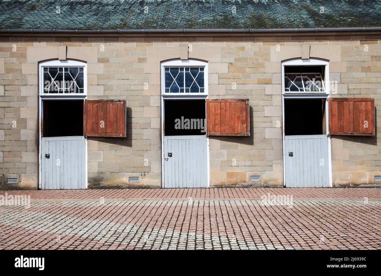 Stables storico a listato a Manderston House, una casa signorile, Duns, Berwickshire, Scozia Foto Stock