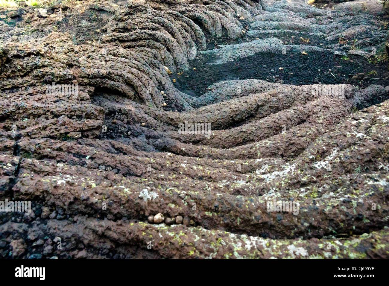 Cavata di lava pahoehoe in dettaglio sul vulcano Etna a piano dei Dammusi - Sicilia Foto Stock