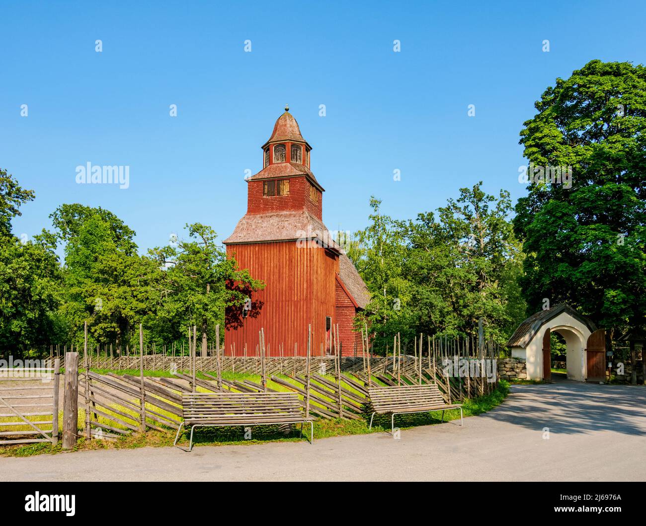 Chiesa di Seglora, museo all'aperto di Skansen, Stoccolma, Stockholm County, Svezia, Scandinavia Foto Stock