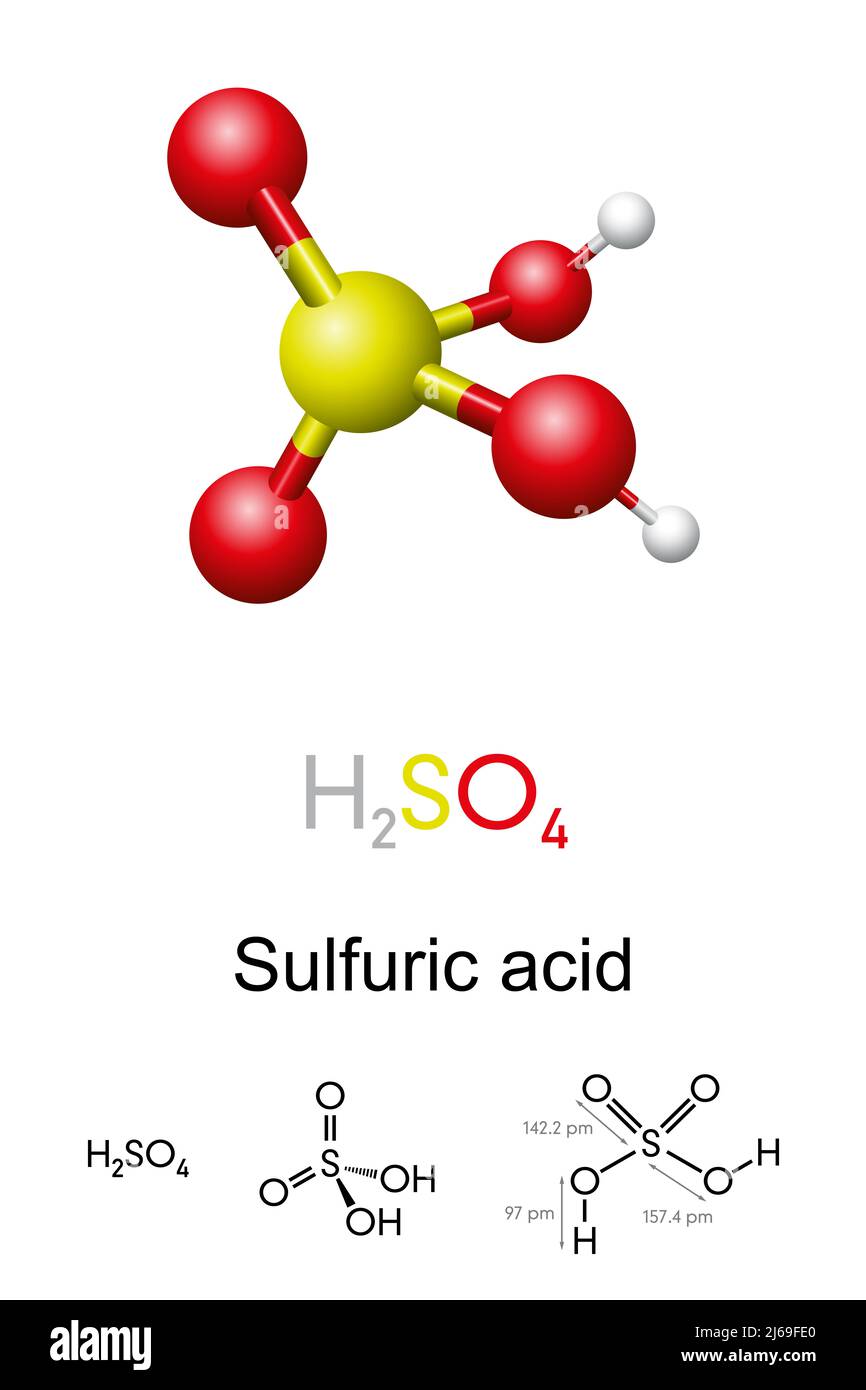 Acido solforico, H2SO4, modello a sfera e bastone, formula molecolare e chimica con lunghezze di legame. Noto come acido solforico, o olio di vitriolo. Foto Stock