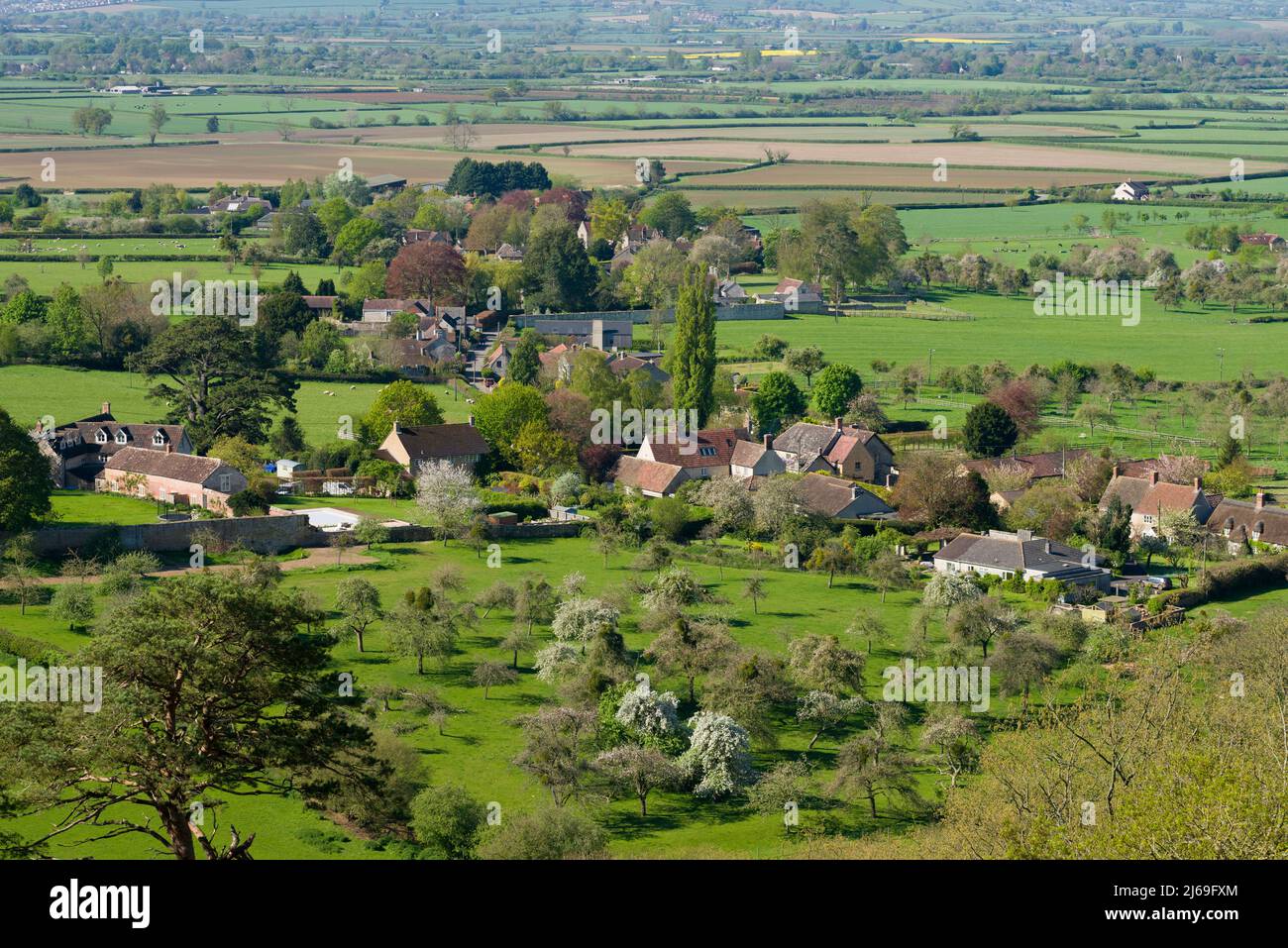 Il villaggio di Sutton Montis nel Somerset livelli da Cadbury Castello, Somerset, Inghilterra. Foto Stock