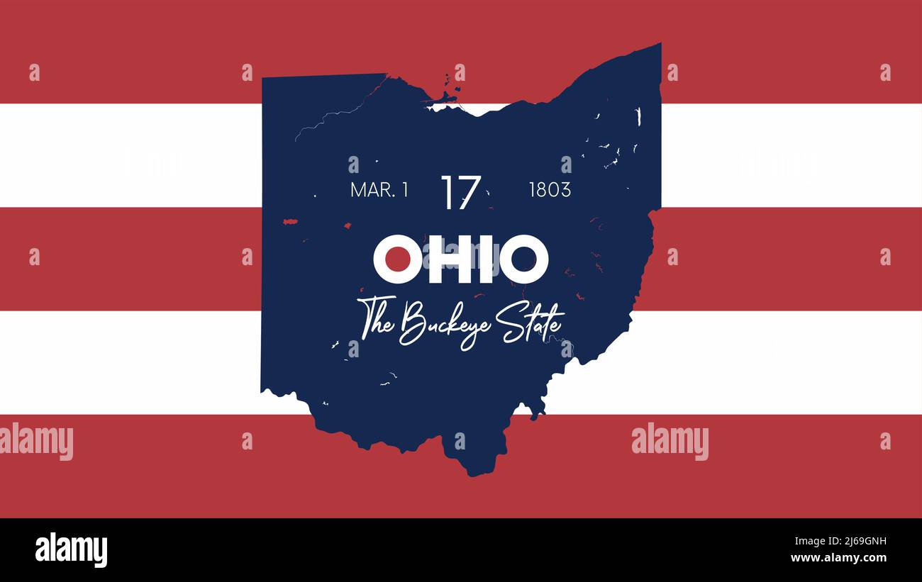 17 di 50 stati Uniti con un nome, soprannome e data ammessi all'Unione, Mappa dettagliata di Vector Ohio per la stampa di poster, cartoline A. Illustrazione Vettoriale