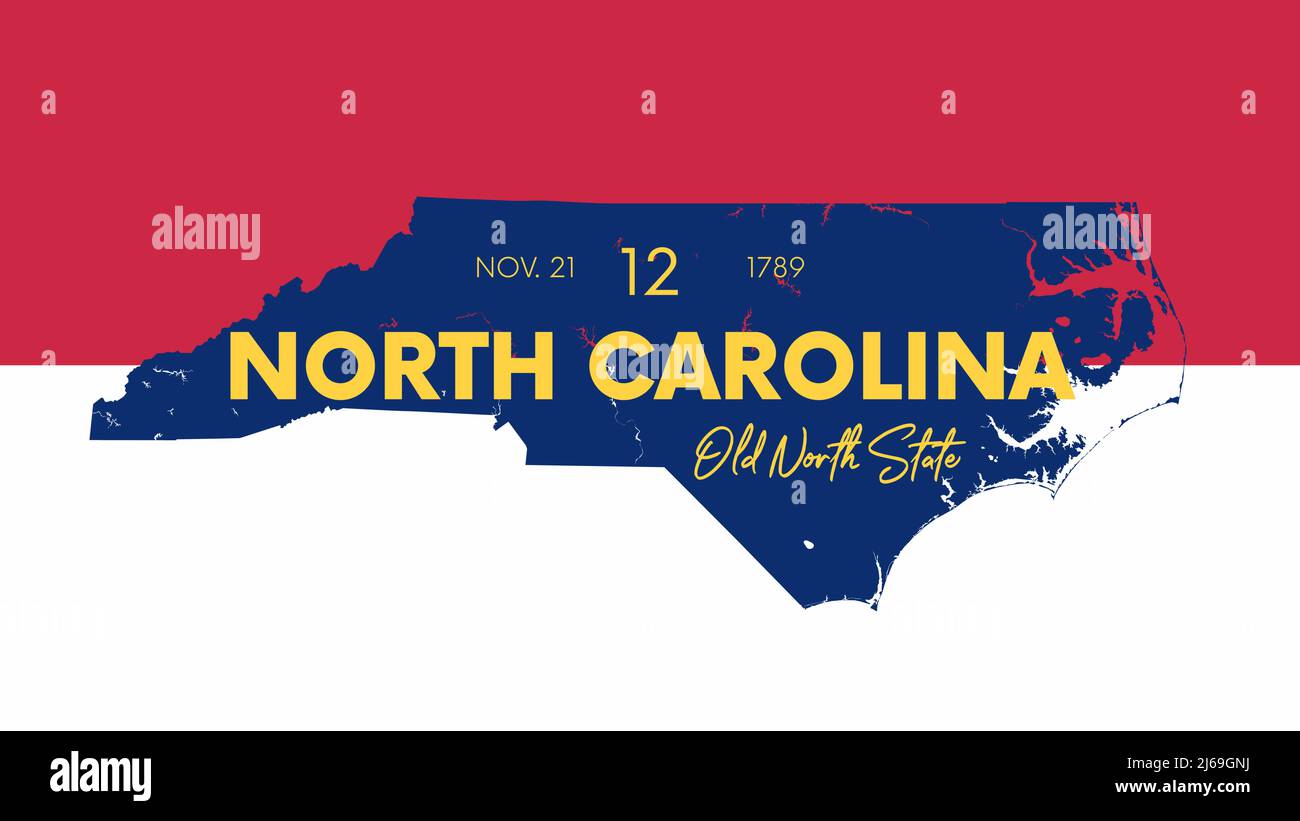 12 di 50 stati Uniti con un nome, soprannome e data ammessi all'Unione, Mappa dettagliata di Vector North Carolina per la stampa di poster, p. Illustrazione Vettoriale