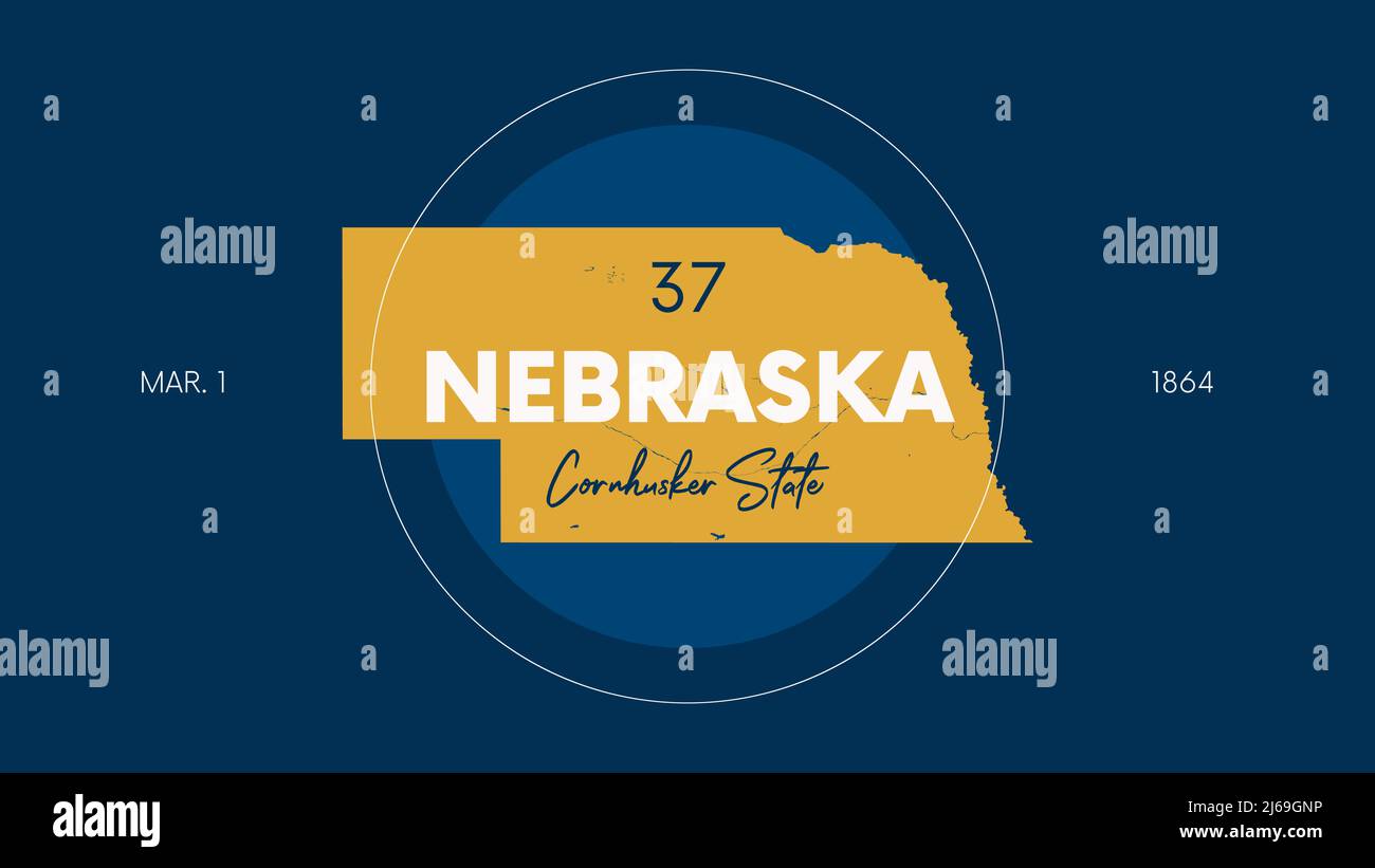 37 dei 50 stati Uniti d'America con un nome, nickname e data ammessi all'Unione, Mappa dettagliata di Vector Nebraska per la stampa di poster, postcar Illustrazione Vettoriale